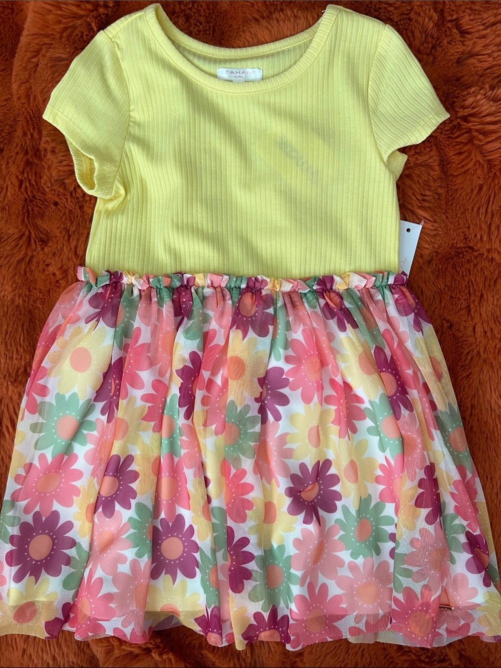 Tahari Yellow Ribbed Top Floral Mesh Skirt Dress